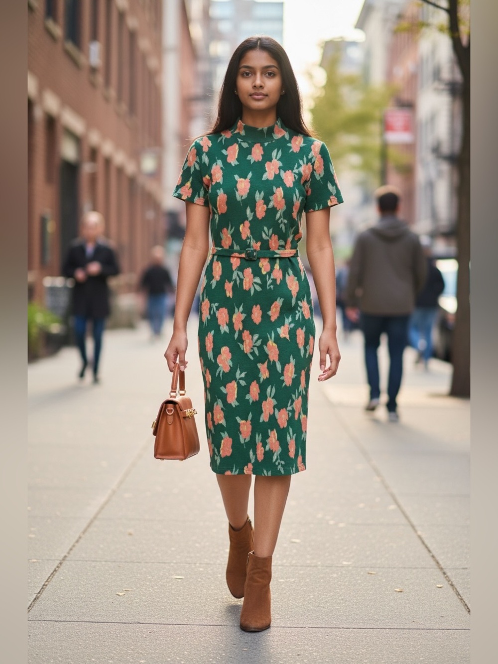 Zara Green Midi Dress with Coral Floral Print